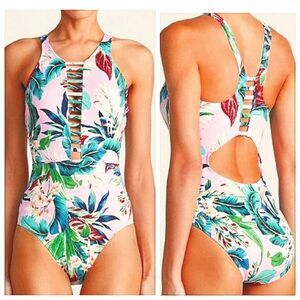 Miraclesuit Women's Floral Hi-Neck One Piece tummy control Swimsuit size XL
